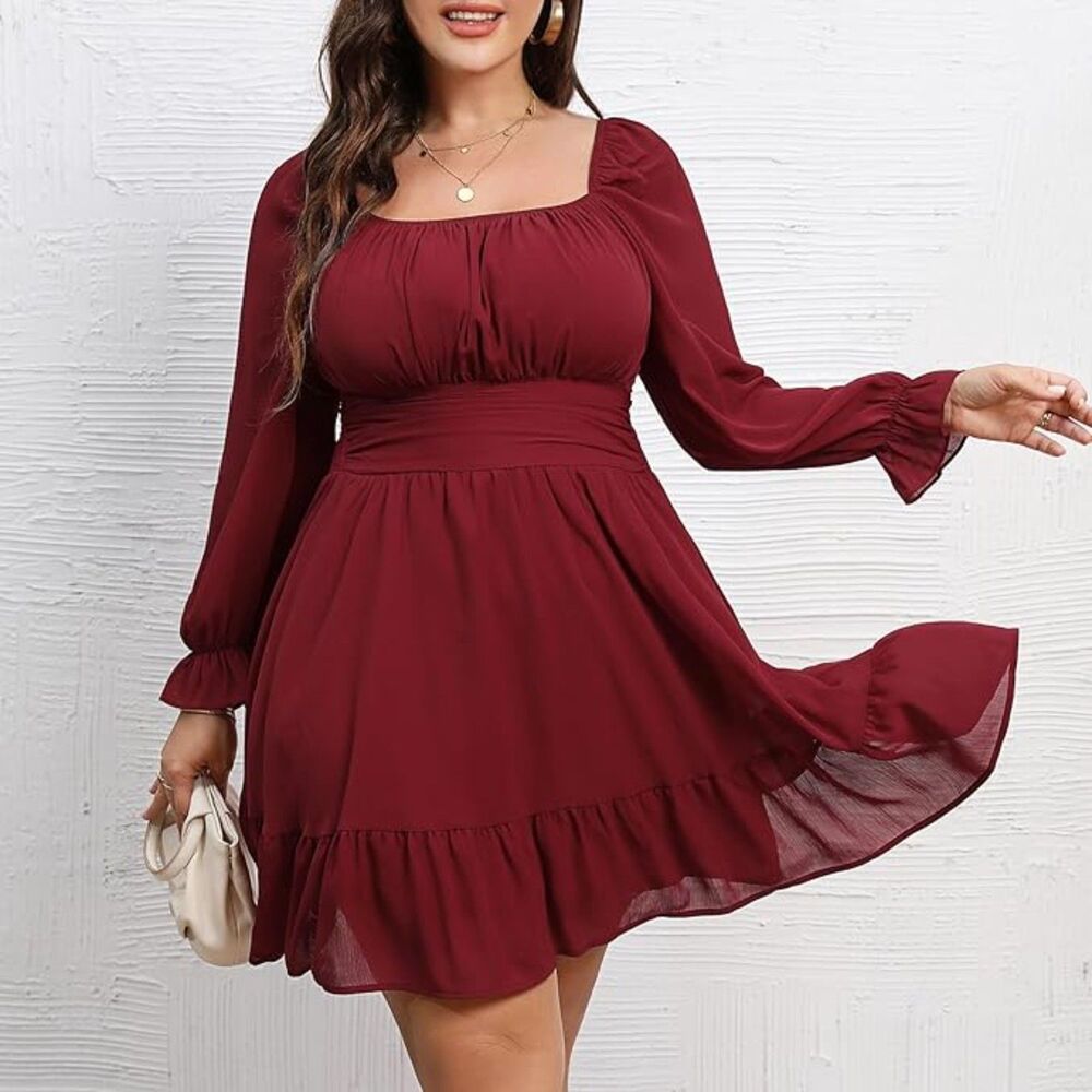 Byinns Open Tie Back Square Neck Lantern LS Elastic Waist Mini Dress SZ XXL:NWT - Picture 3 of 16